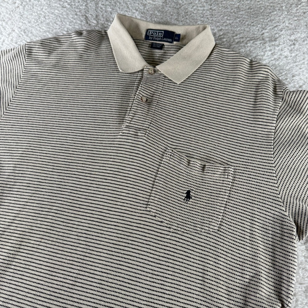Vintage Polo Ralph Lauren Polo Golf Shirt Pony Pocket Striped Tan Black XL Men